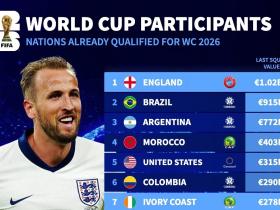 晋级世界杯决赛圈球队身价榜：英格兰10.2亿欧居首，巴西第二