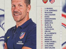 马竞欧冠客战阿森纳大名单：格列兹曼、阿尔瓦雷斯在列