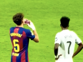 友好一幕，国家德比期间维尼修斯和库巴西共喝一瓶水