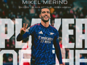 梅开二度，梅里诺当选与布拉格斯拉维亚一役枪手队内最佳球员